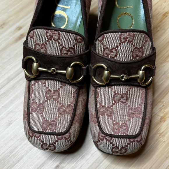 🤎GUCCI🤎GG Monogram Suede Houdan Mid Heel Platform Loafers - Picture 4 of 9